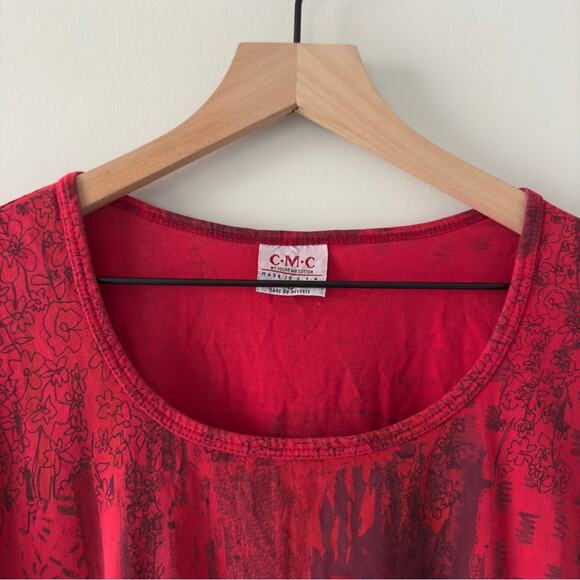 Vintage patchwork style button front Red babydoll Top 3/4 sleeves high low hem L - Picture 8 of 13